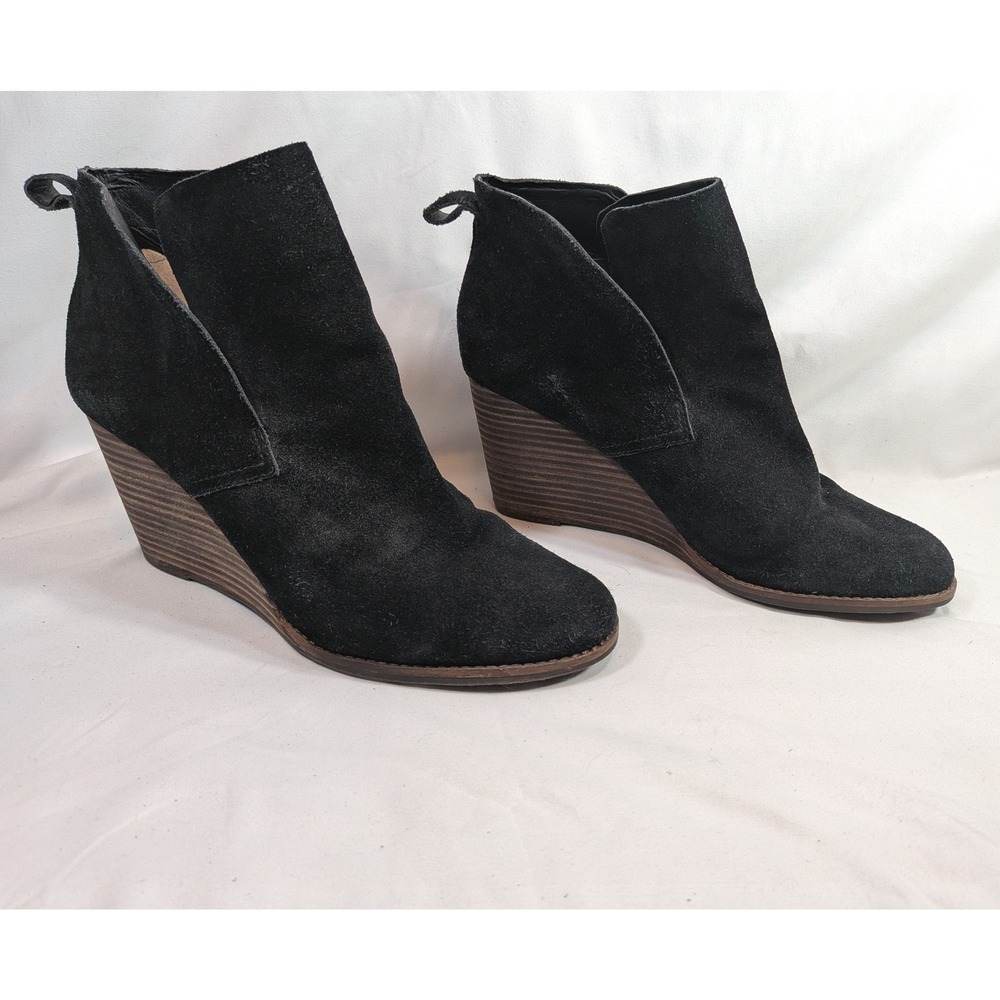 Lucky Brand Black Suede Yoniana Wedge Booties; Ankle Boots, Stacked Heel